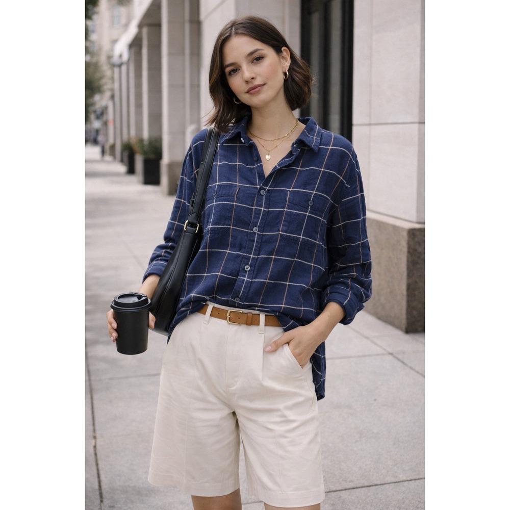 J.Crew Large Navy Blue Windowpane Plaid Flannel Button Down Shirt L